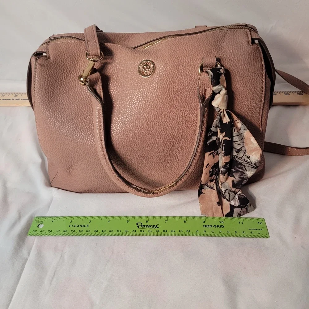 Anne Klein Rose Pink Pebbled‎ Satchel Crossbody Bag with Floral Scarf Accent